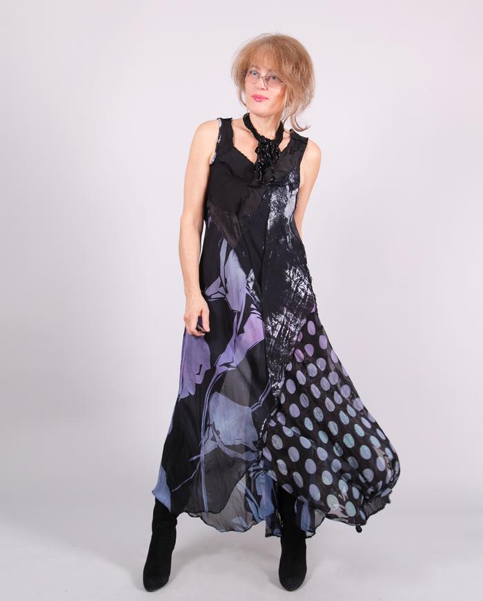 'no frills thrill' mixed fabrics asymmetrical maxi dress