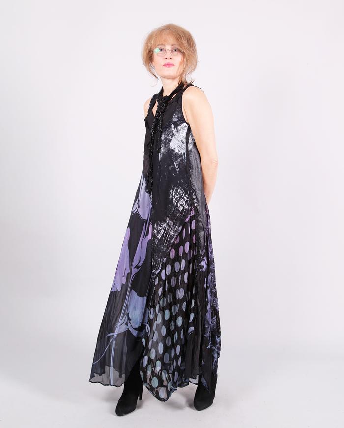 'no frills thrill' mixed fabrics asymmetrical maxi dress