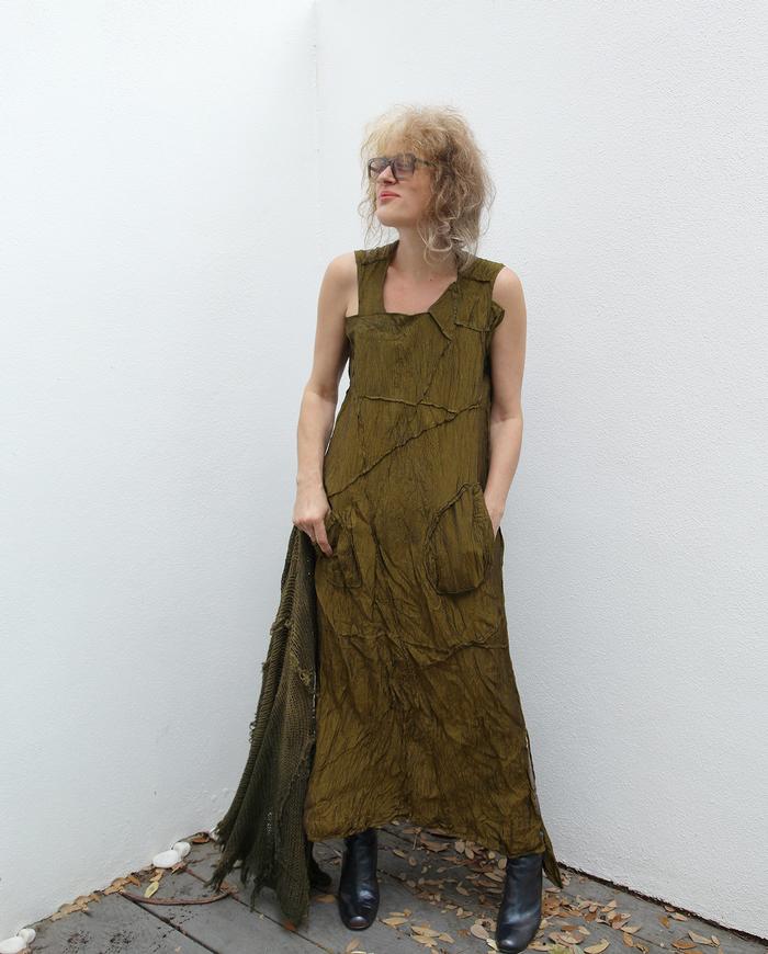 'a perfect olive duo' Thai silk dress and cardigan set