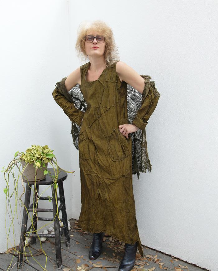 'a perfect olive duo' Thai silk dress and cardigan set