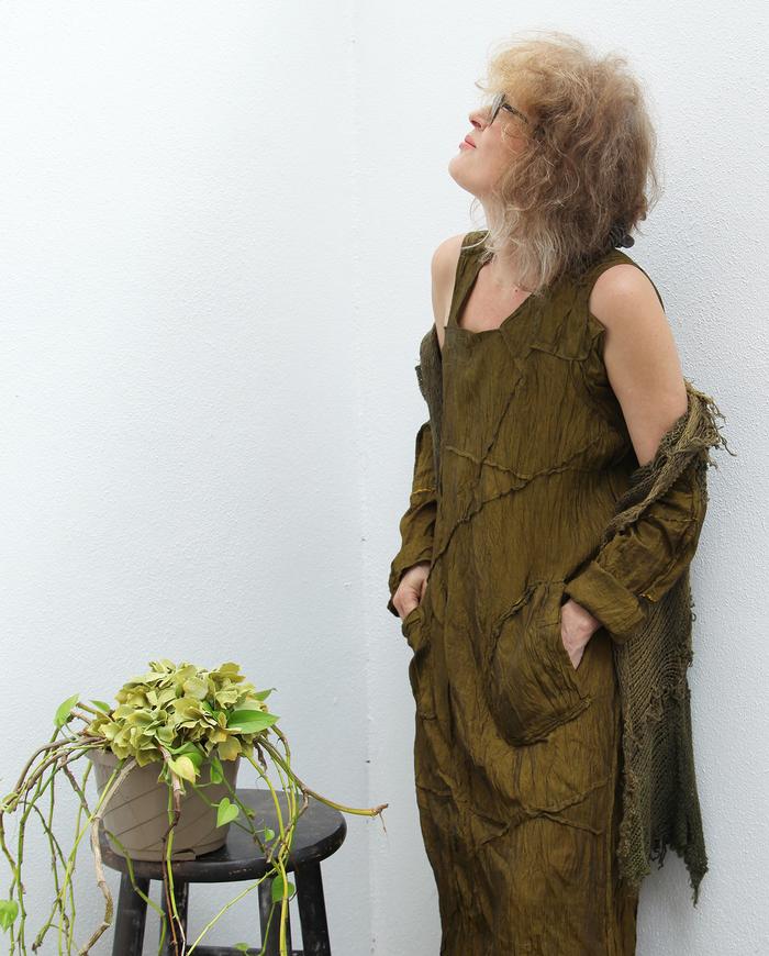 'a perfect olive duo' Thai silk dress and cardigan set