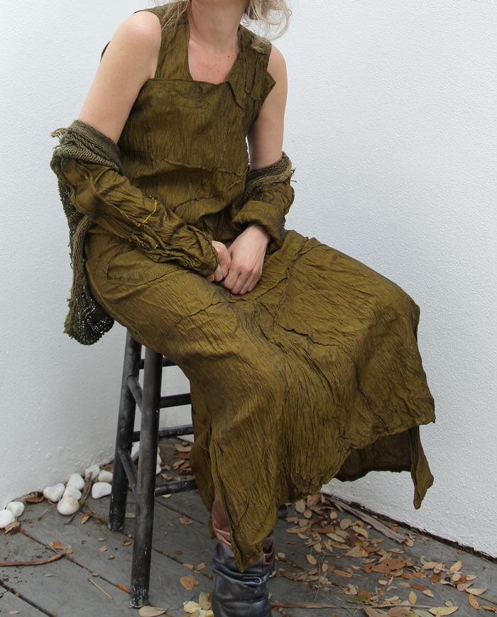 'a perfect olive duo' Thai silk dress and cardigan set