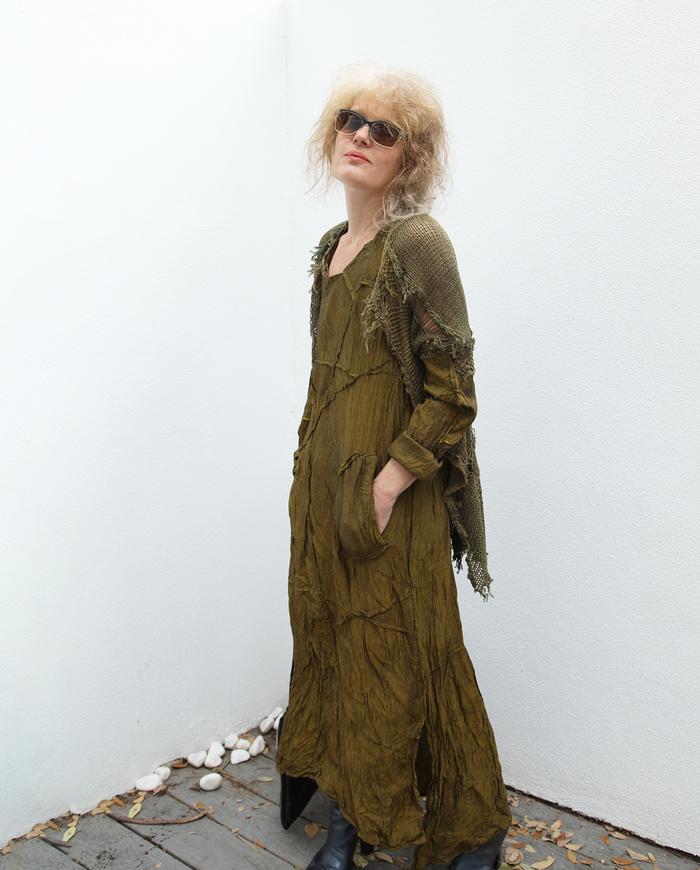 'a perfect olive duo' Thai silk dress and cardigan set