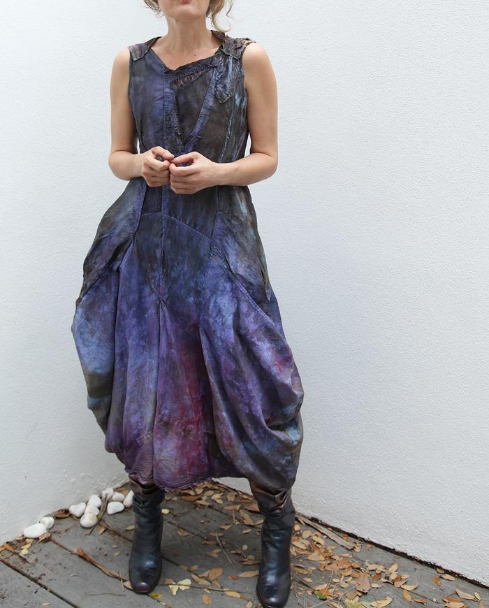 'bright purple haze' sculpted distressed silk dress