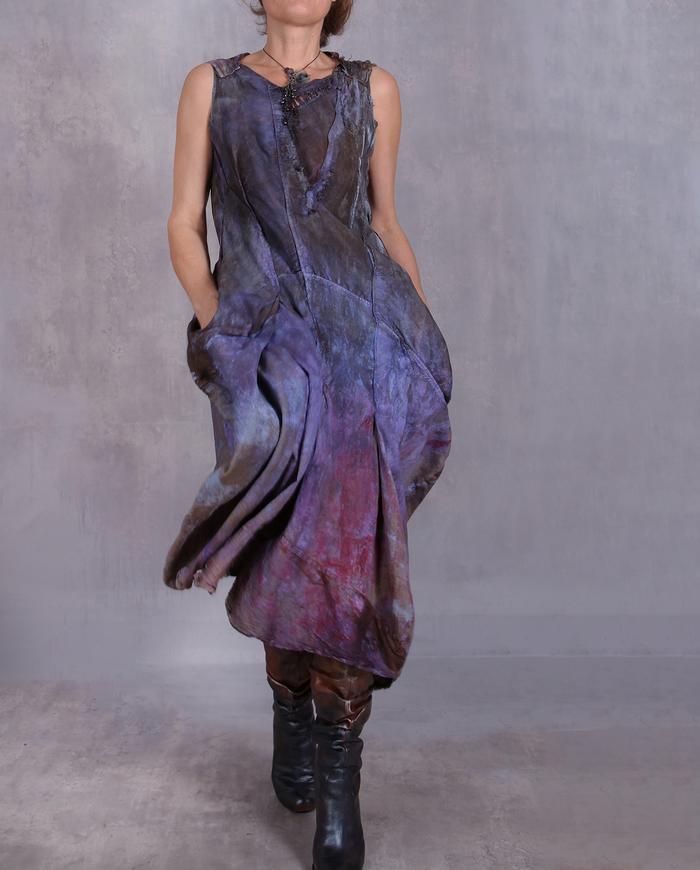 'bright purple haze' sculpted distressed silk dress