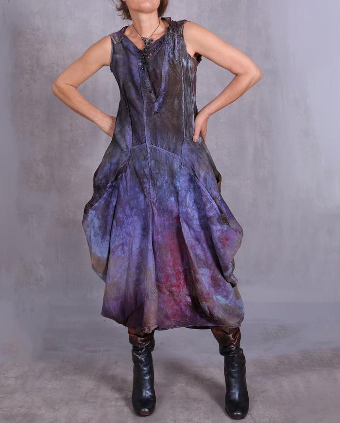 'bright purple haze' sculpted distressed silk dress