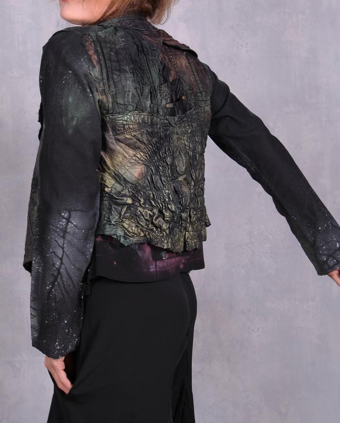 'full of surprises' mixed natural fabrics and leather short jacket