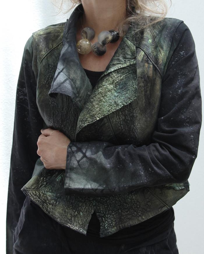 'full of surprises' mixed natural fabrics and leather short jacket