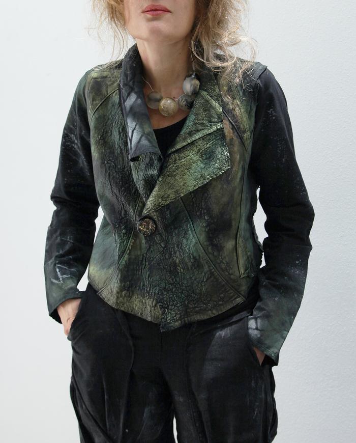 'full of surprises' mixed natural fabrics and leather short jacket