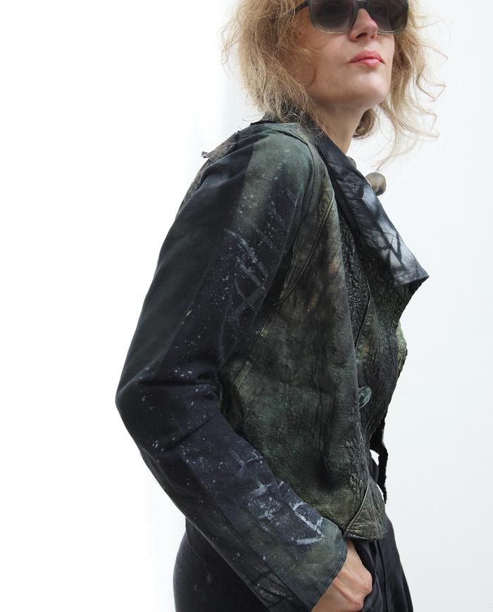 'full of surprises' mixed natural fabrics and leather short jacket