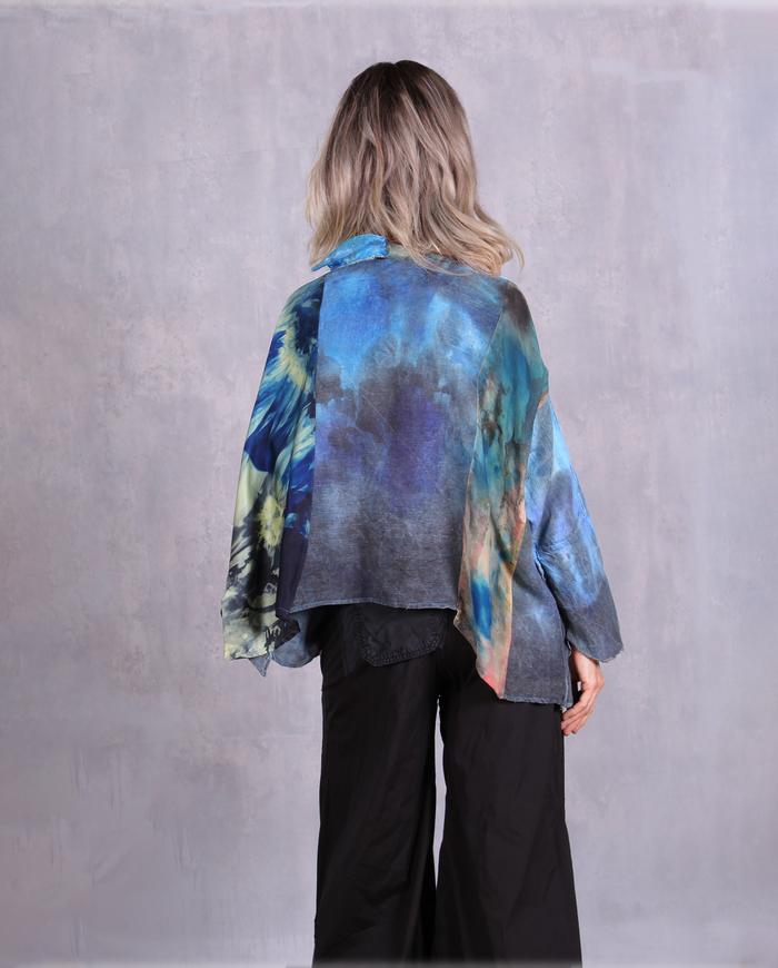 'pure cozy vibes' mixed fabrics asymmetrical top