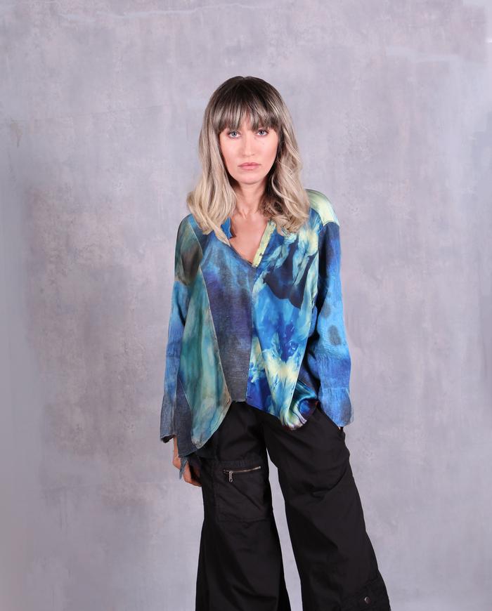 'pure cozy vibes' mixed fabrics asymmetrical top