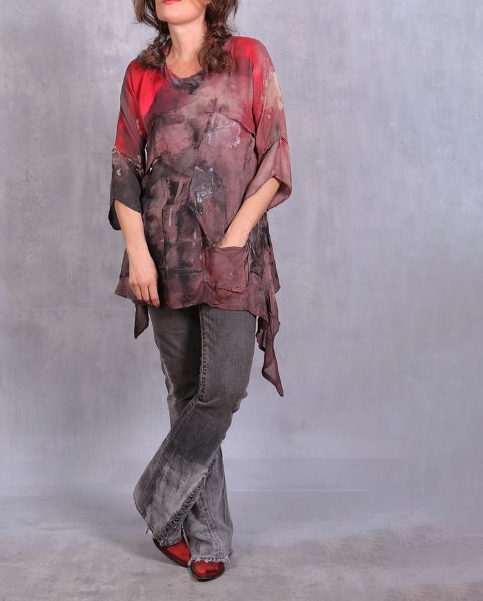 'crimson sunrise' silk georgette hand-painted top