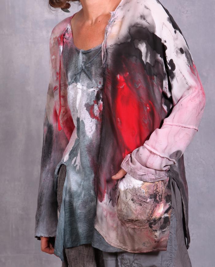 'fluidly colorful' mixed fabrics hand-painted blouse