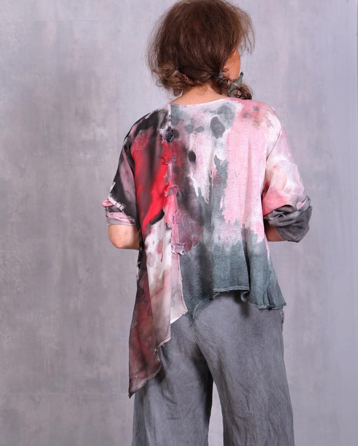 'fluidly colorful' mixed fabrics hand-painted blouse