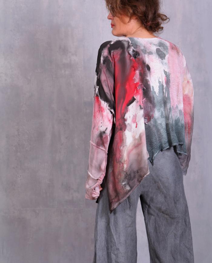 'fluidly colorful' mixed fabrics hand-painted blouse