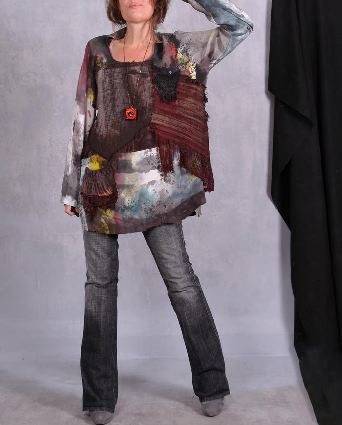 'a colorful life' detailed mixed fabrics silk blouse/tunic