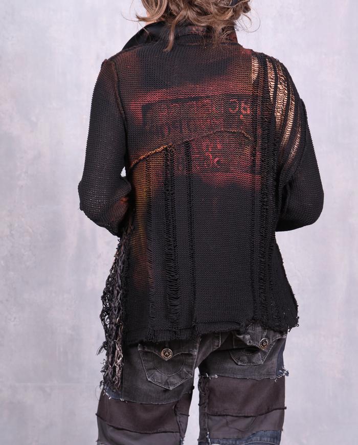 'boldly modern' hand-printed asymmetrical knit sweater