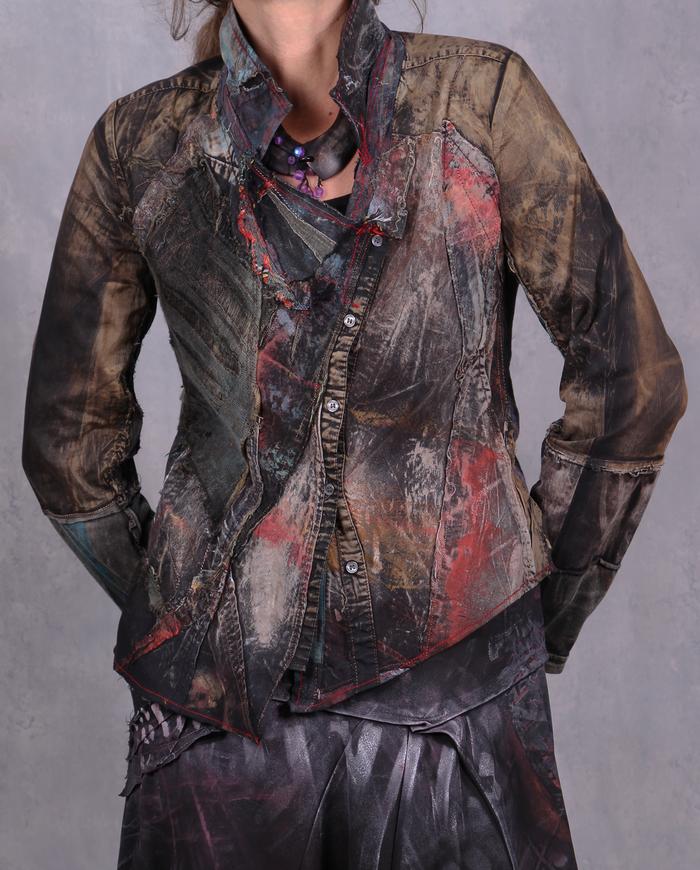 'in the mood for modern art' distressed highly detailed button-up jacket top