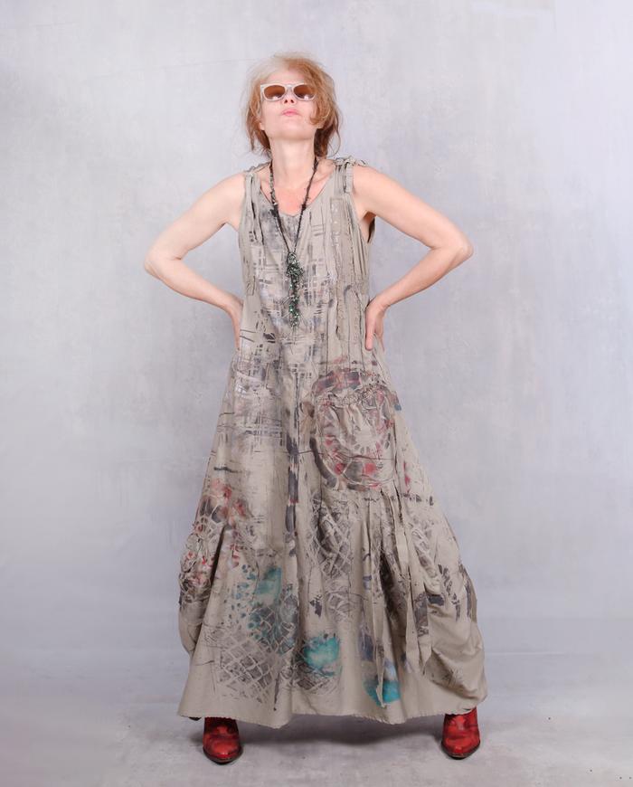 'on a quest with Indiana Jones' hand-painted maxi khaki dress