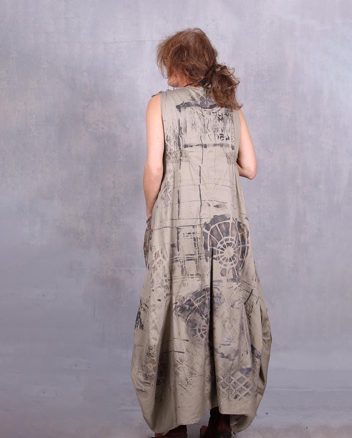 'on a quest with Indiana Jones' hand-painted maxi khaki dress