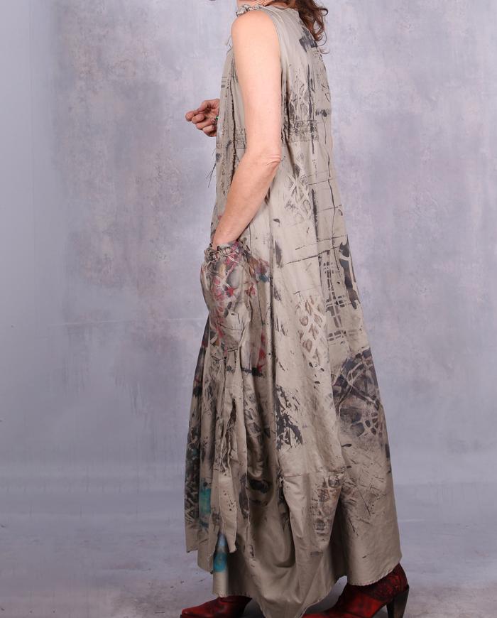 'on a quest with Indiana Jones' hand-painted maxi khaki dress