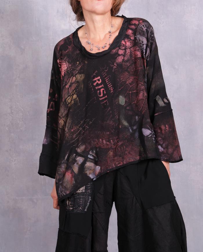 'I'll tell you on the go' hand-painted silk crepe blouse