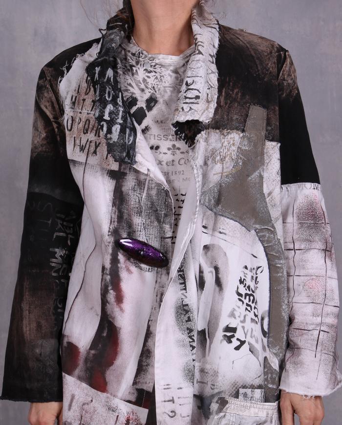 'please tell me more' asymmetrical graphic print detailed jacket