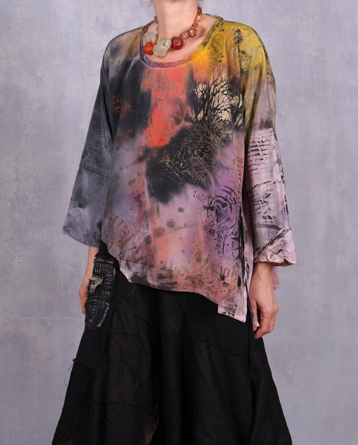 'sunrise in the Amazon' painted silk crepe blouse