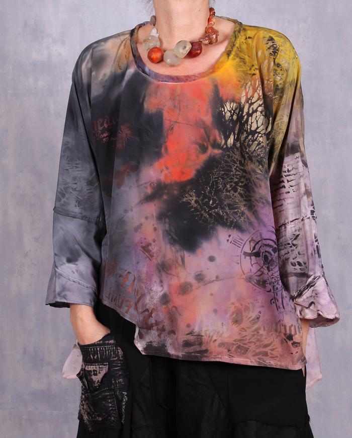 'sunrise in the Amazon' painted silk crepe blouse