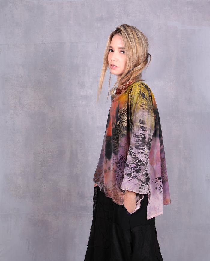 'sunrise in the Amazon' painted silk crepe blouse