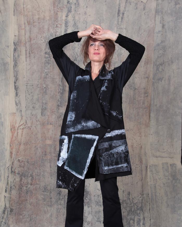 'explore the textures' asymmetrical black and white vest